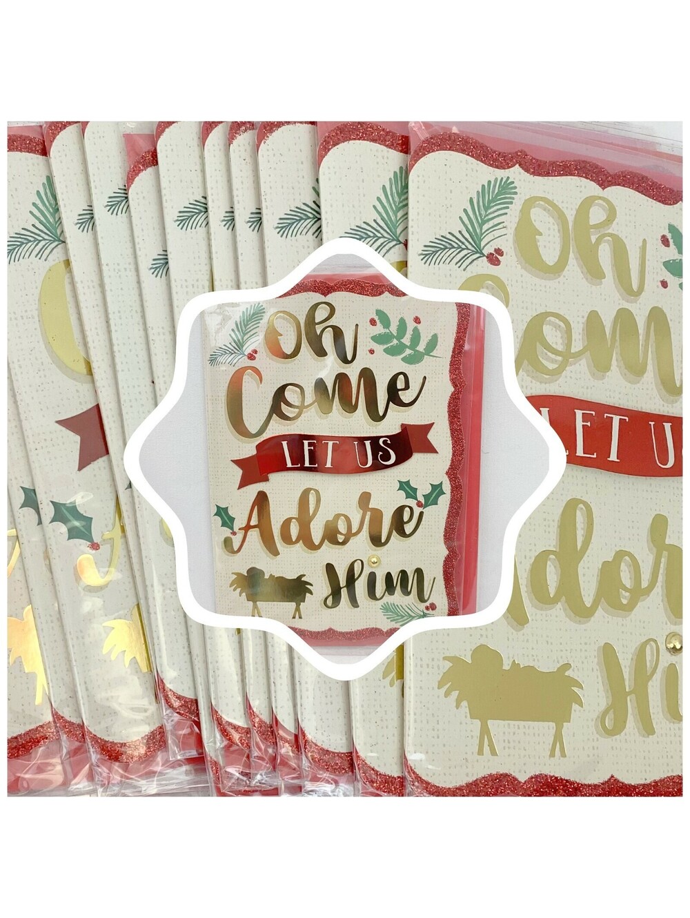 Set of 22 Embellished Glitter Religious Christmas Cards O Come Let Us Adore Him